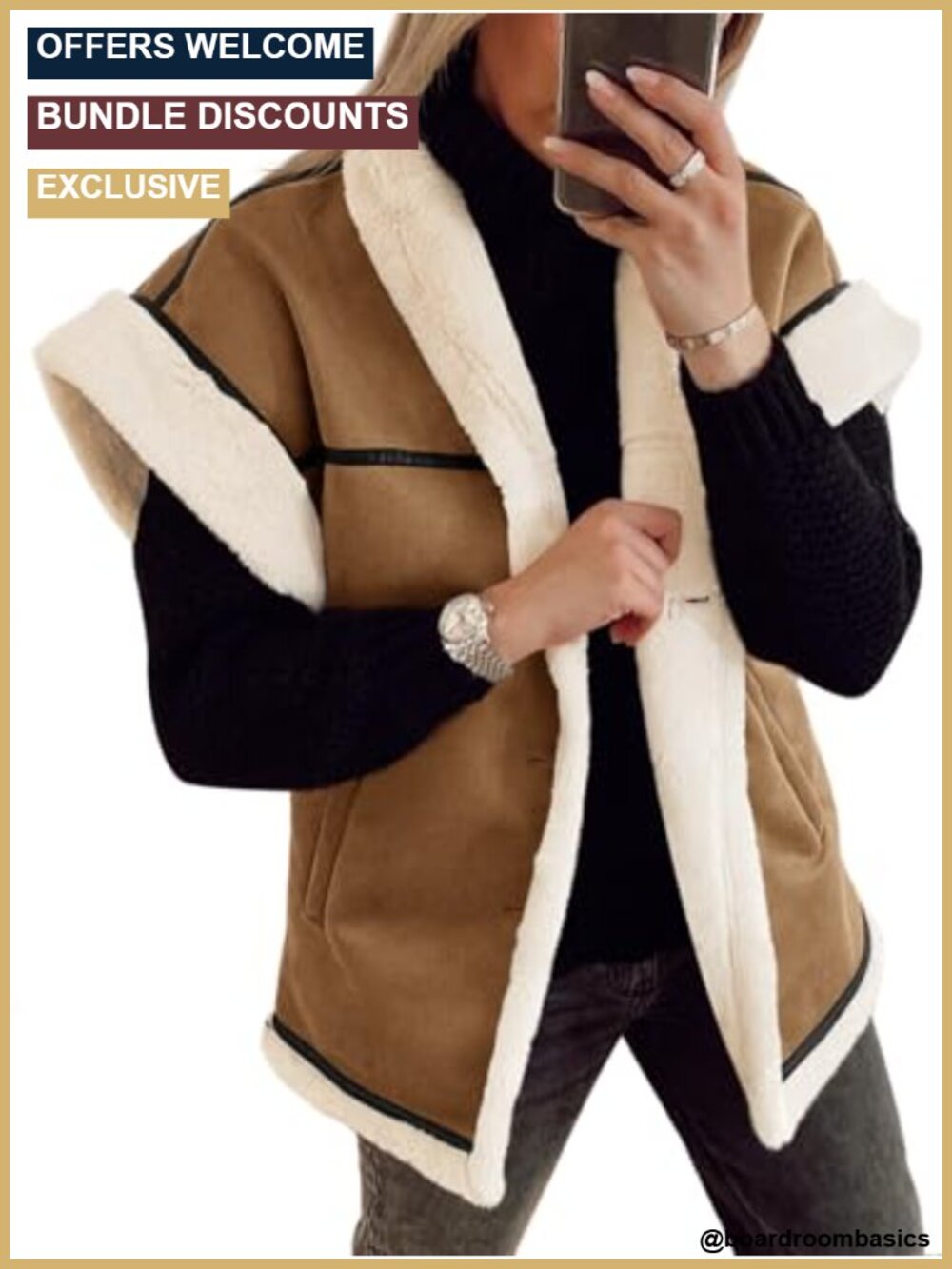 Faux Suede Sherpa Lined Vest Oversized Winter Coat Cap Sleeve Button